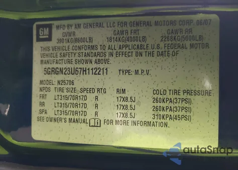 2007 Hummer H2 Suv z USA, uszkodzony, nr VIN 5GRGN23U67H112211